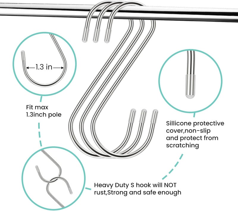 Lightique 3.54 Inch 30 Pack S Hooks - Stainless Steel Heavy Duty with Rubber Stopper, Small S Hooks for Hanging Plants, Baskets, Clothes, Pan, Cups, Towels (Silver) - Image 3